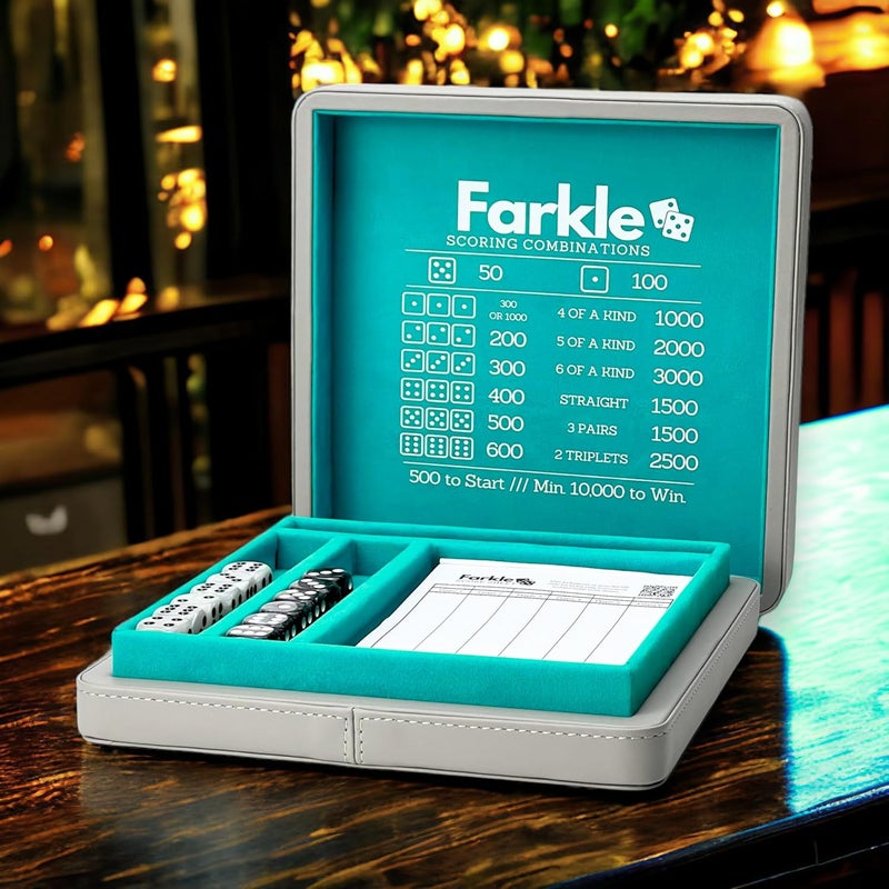 Luck Lab Farkle Dice Tray and Storage Case - Includes Embedded Scoring Combinations, 2 Sets of 6 Pearl Dice, 40 Sheet Score Pad and Pen Holder for The Classic Family Game (Grey and Turquoise) - Image 3